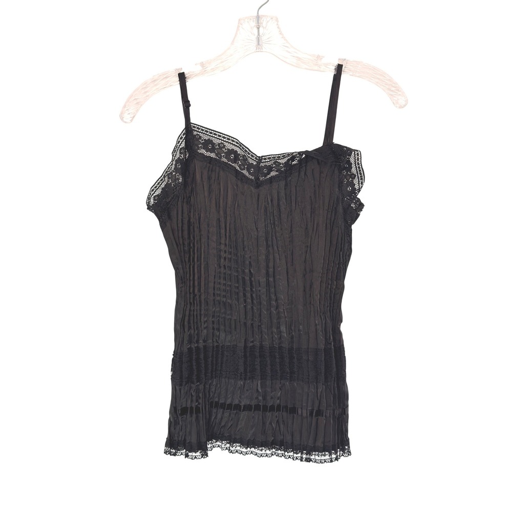 Women's Black Cami Tank Top Lace Trime Floral Crinkly Whimsigoth Vamp Medium‎